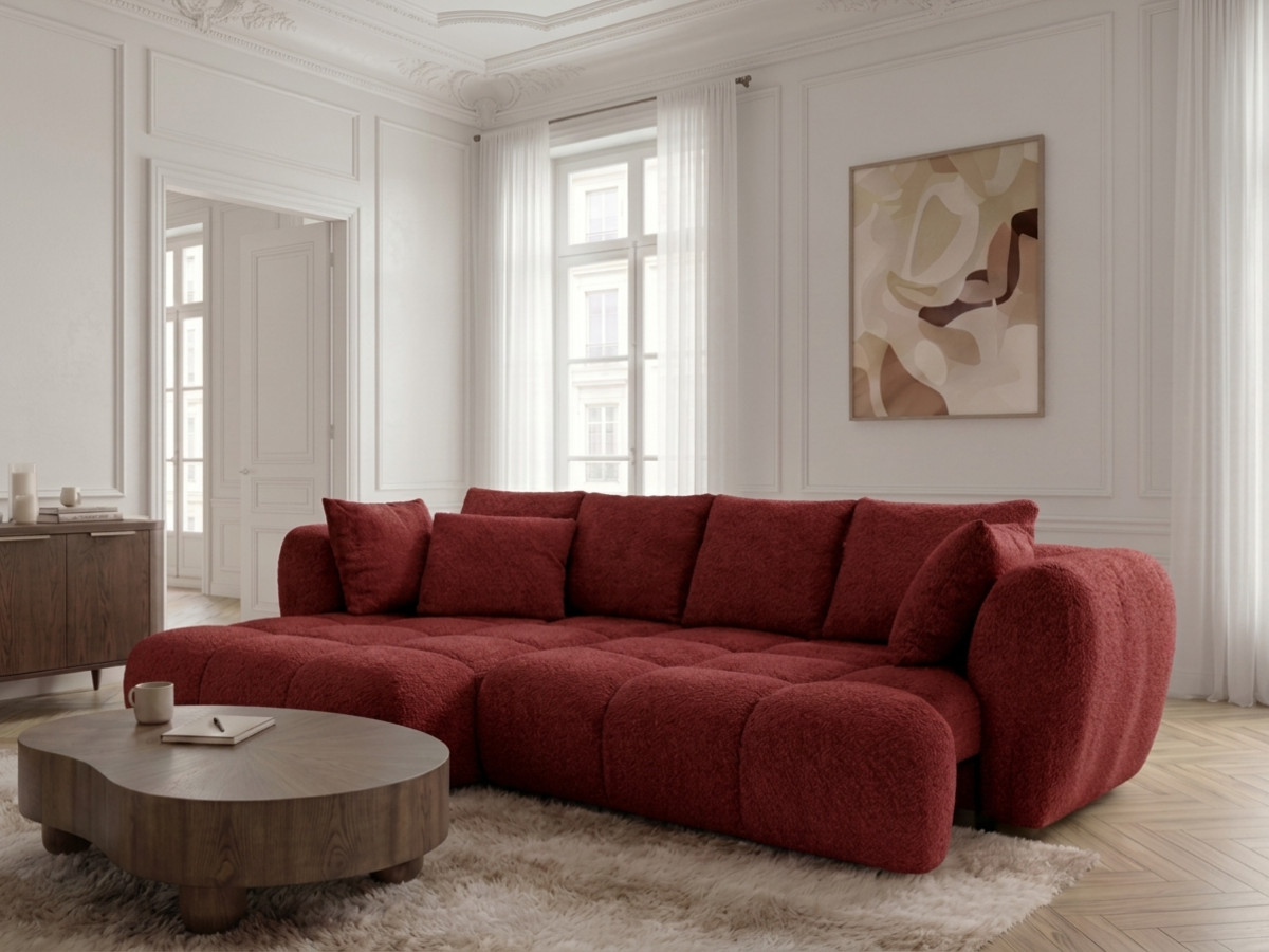 Narożna sofa z funkcją spania i elektryczną regulacją głębokości AUDE, obita tkaniną boucle