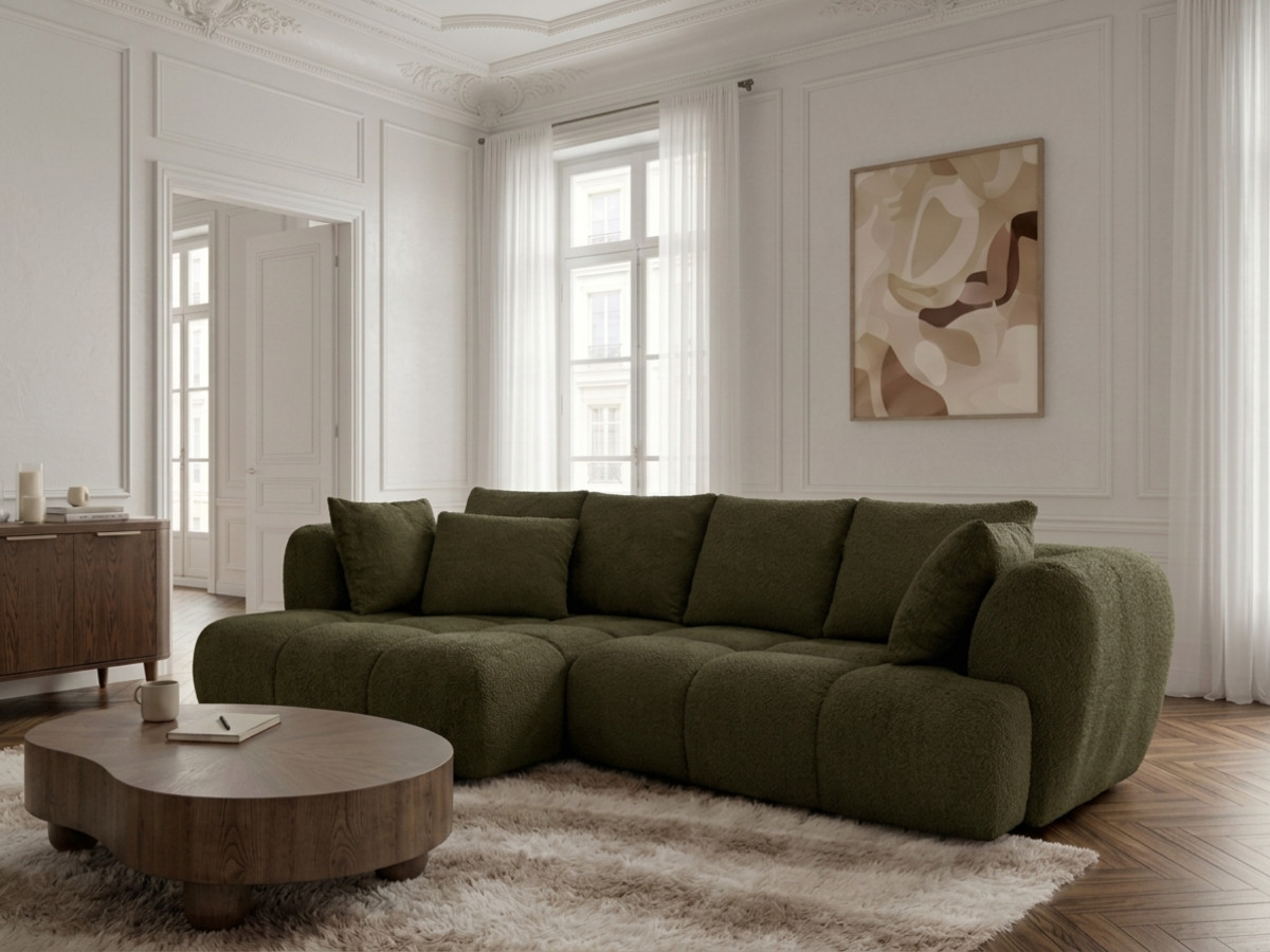 Narożna sofa z funkcją spania i elektryczną regulacją głębokości AUDE, obita tkaniną boucle