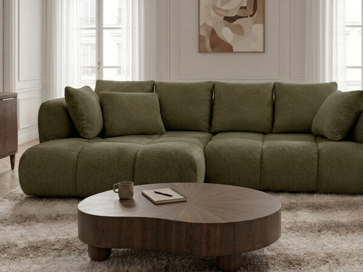 Narożna sofa z funkcją spania i elektryczną regulacją głębokości AUDE, obita tkaniną boucle