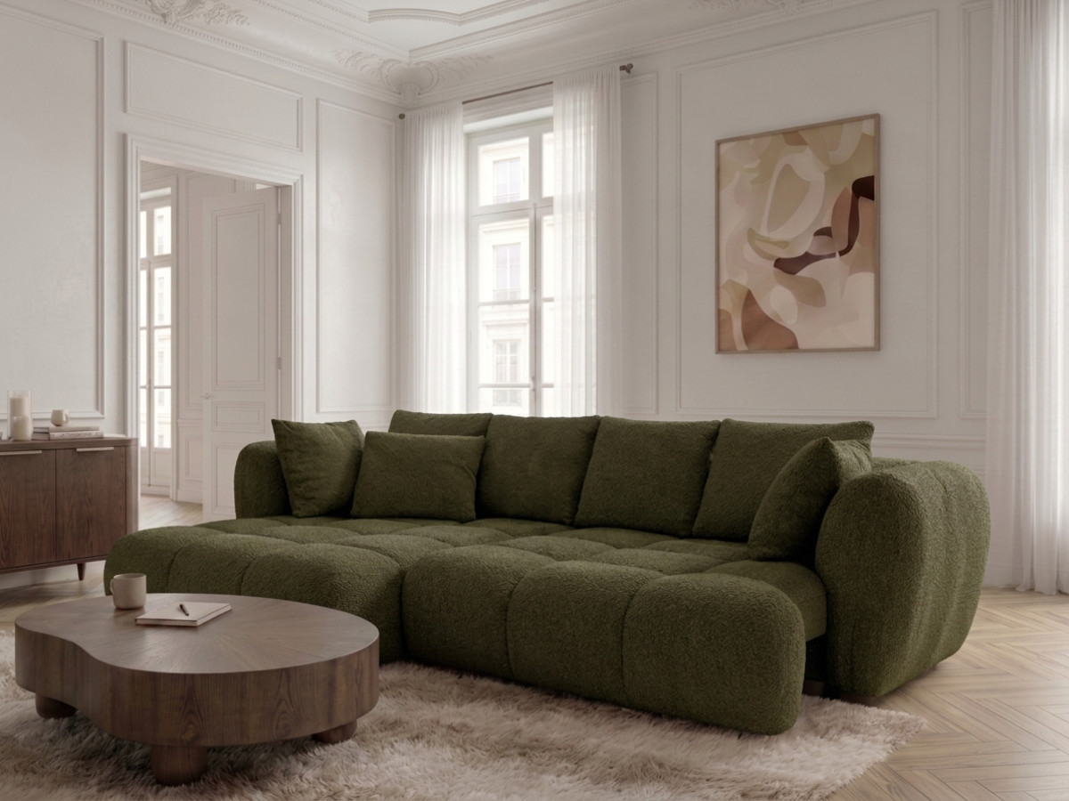 Narożna sofa z funkcją spania i elektryczną regulacją głębokości AUDE, obita tkaniną boucle