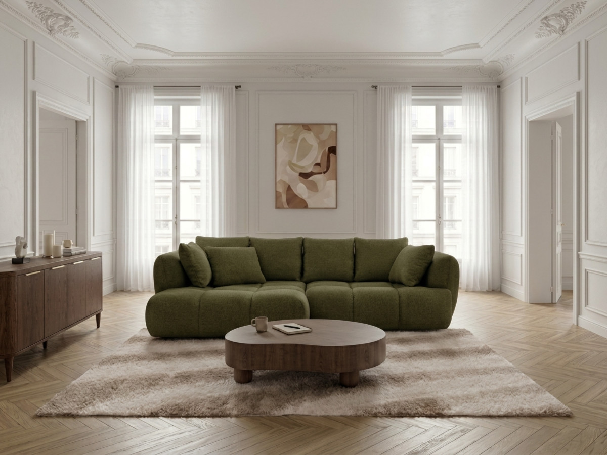 Narożna sofa z funkcją spania i elektryczną regulacją głębokości AUDE, obita tkaniną boucle