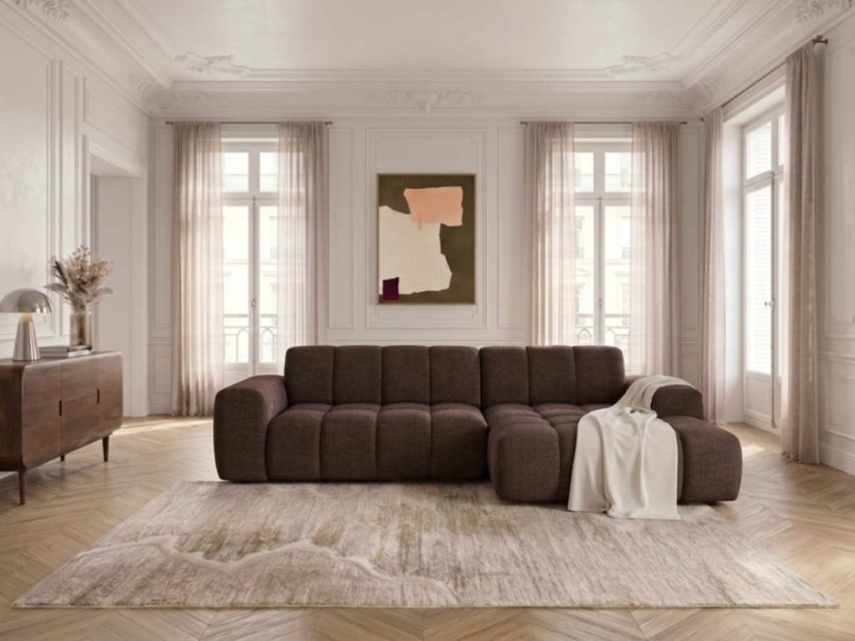 Narożna sofa z funkcją spania i elektryczną regulacją głębokości THEO, obita tkaniną szenilową