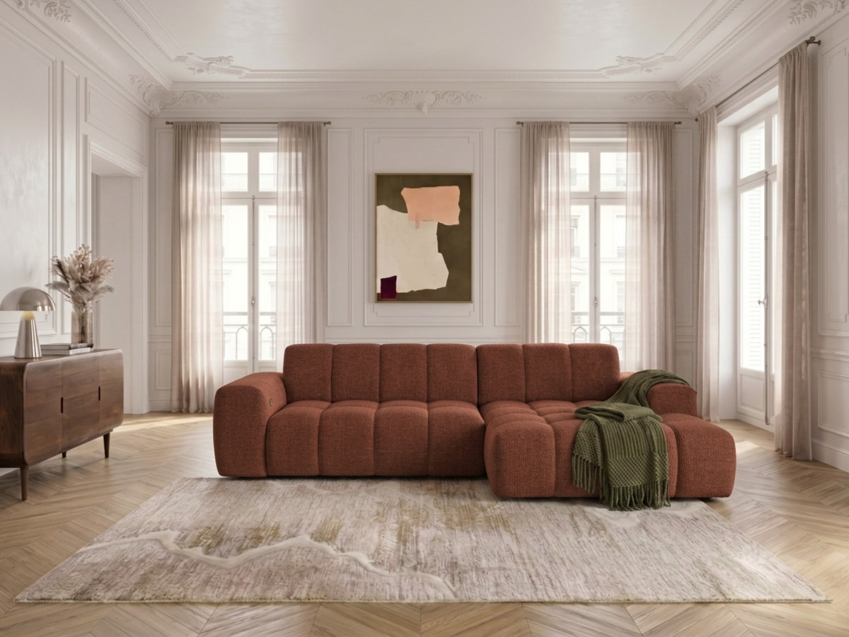 Narożna sofa z funkcją spania i elektryczną regulacją głębokości THEO, obita tkaniną szenilową