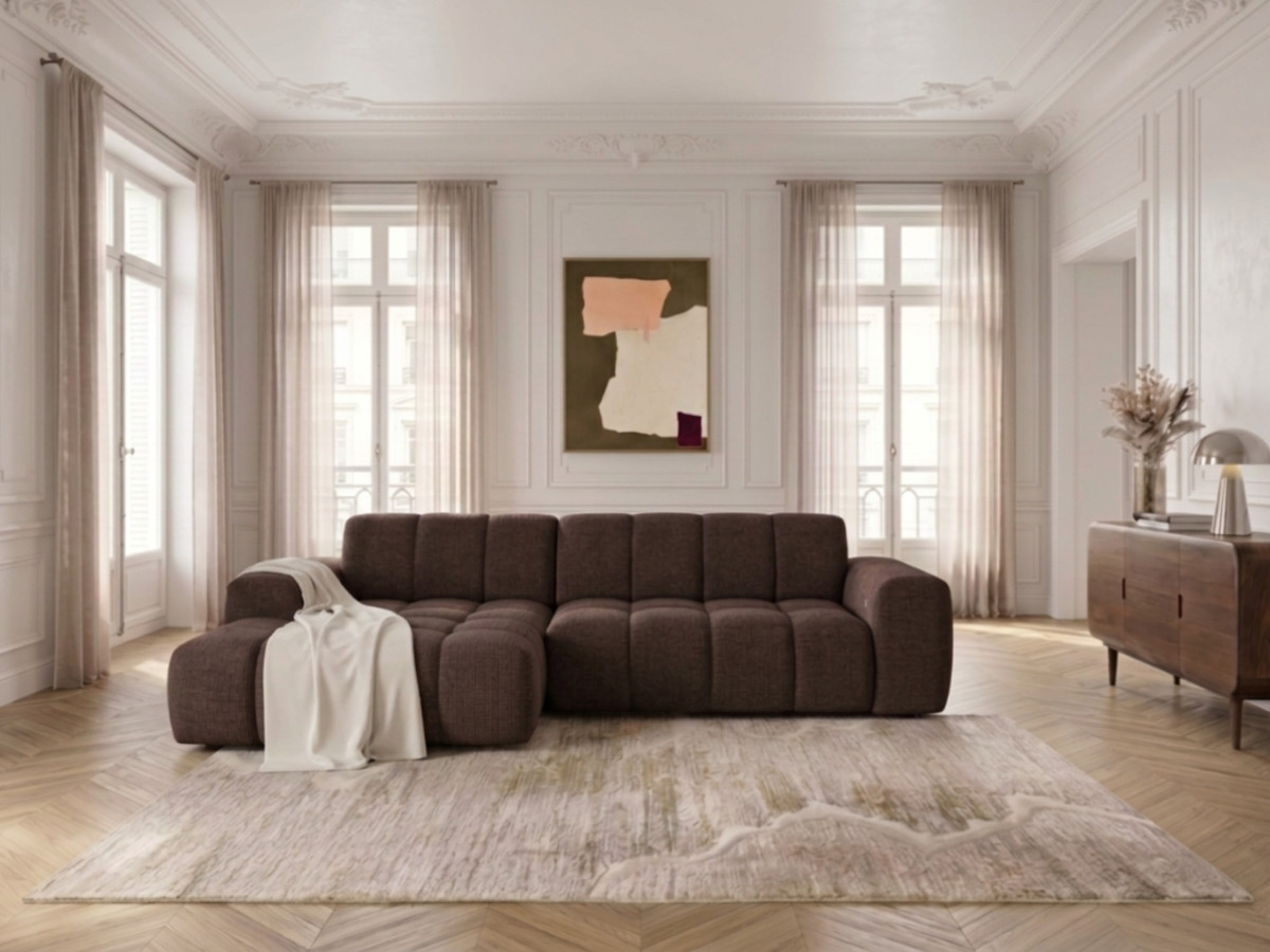 Narożna sofa z funkcją spania i elektryczną regulacją głębokości THEO, obita tkaniną szenilową