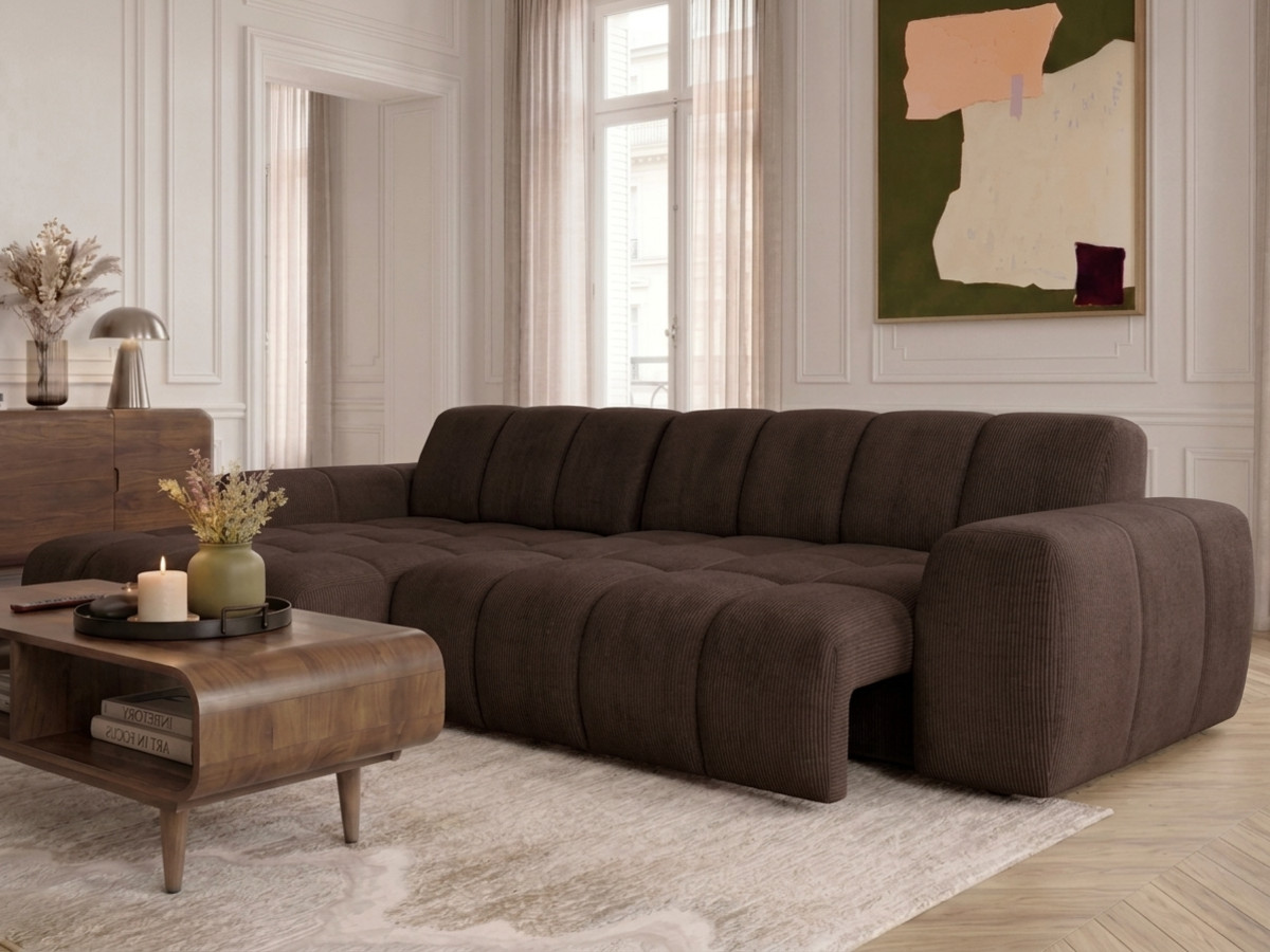 Narożna sofa z funkcją spania i elektryczną regulacją głębokości THEO, obita tkaniną szenilową