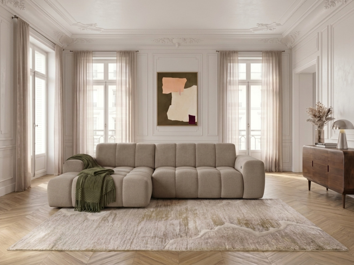 Narożna sofa z funkcją spania i elektryczną regulacją głębokości THEO, obita tkaniną szenilową
