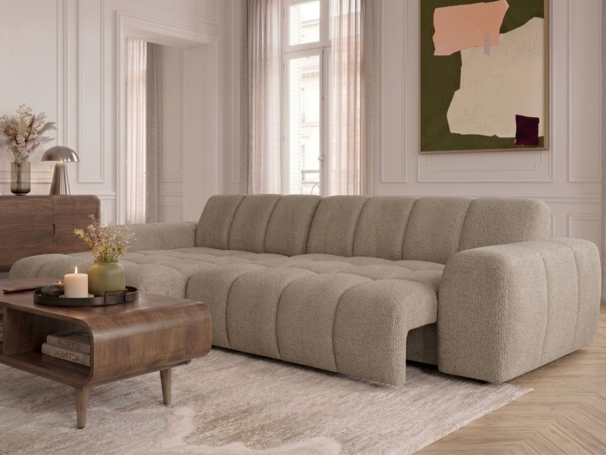 Narożna sofa z funkcją spania i elektryczną regulacją głębokości THEO, obita tkaniną szenilową
