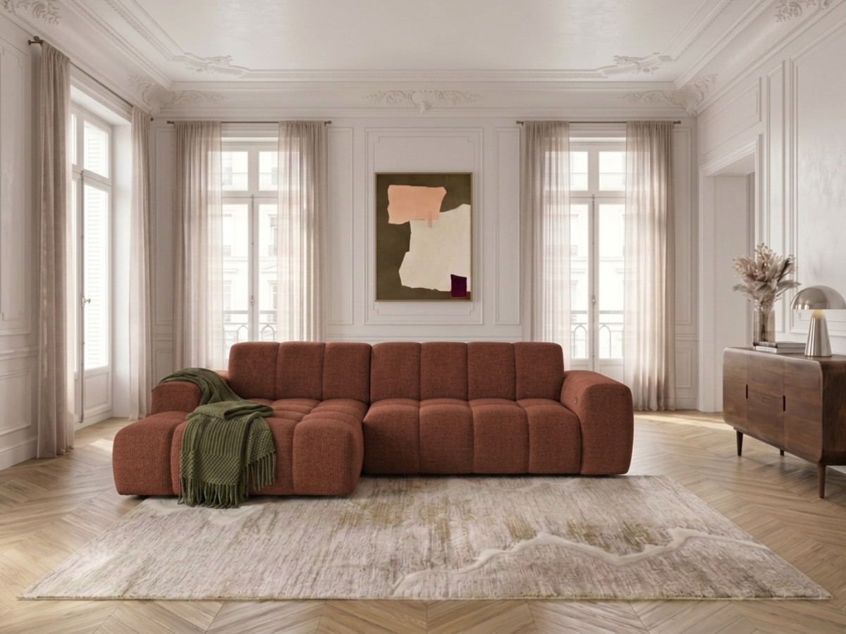 Narożna sofa z funkcją spania i elektryczną regulacją głębokości THEO, obita tkaniną szenilową