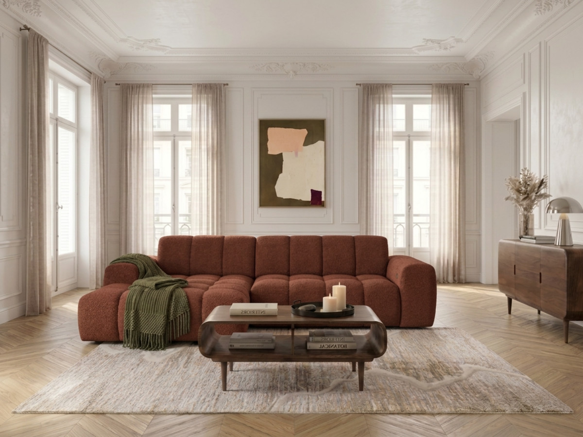 Narożna sofa z funkcją spania i elektryczną regulacją głębokości THEO, obita tkaniną szenilową