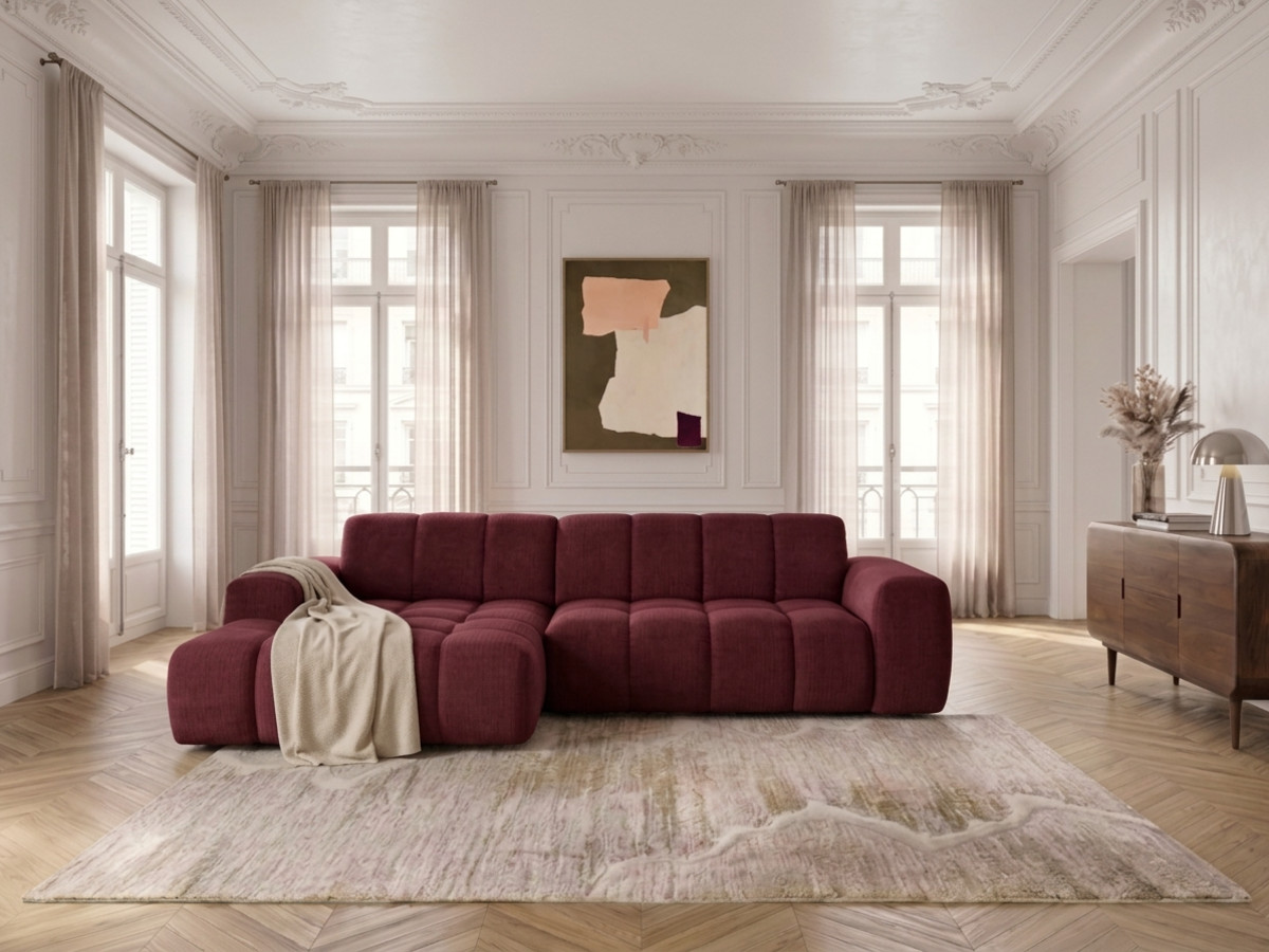 Canapé d'angle convertible électrique avance-recule THEO tissu chenille rouge  angle gauche BOBOCHIC 3 places