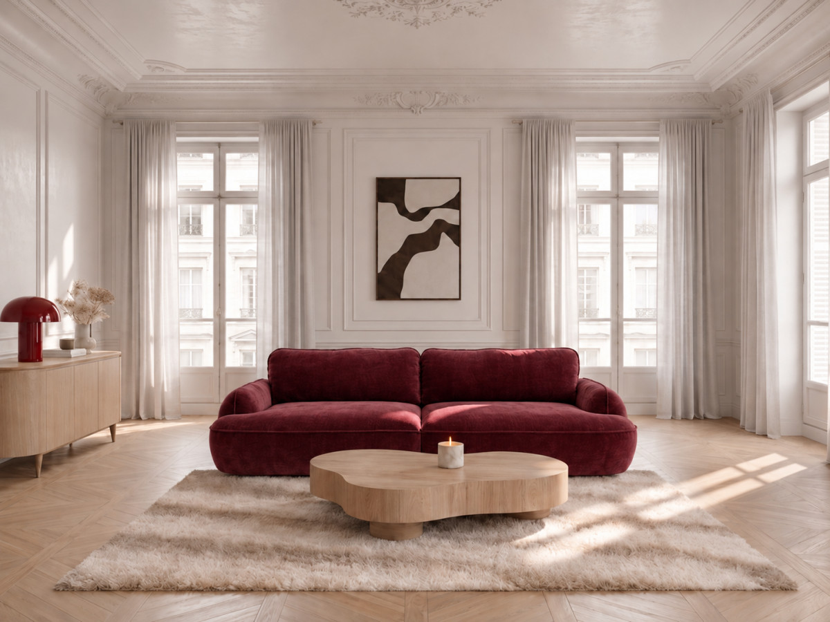 Canapé droit convertible 4 places CELESTE tissu lisse rouge   BOBOCHIC