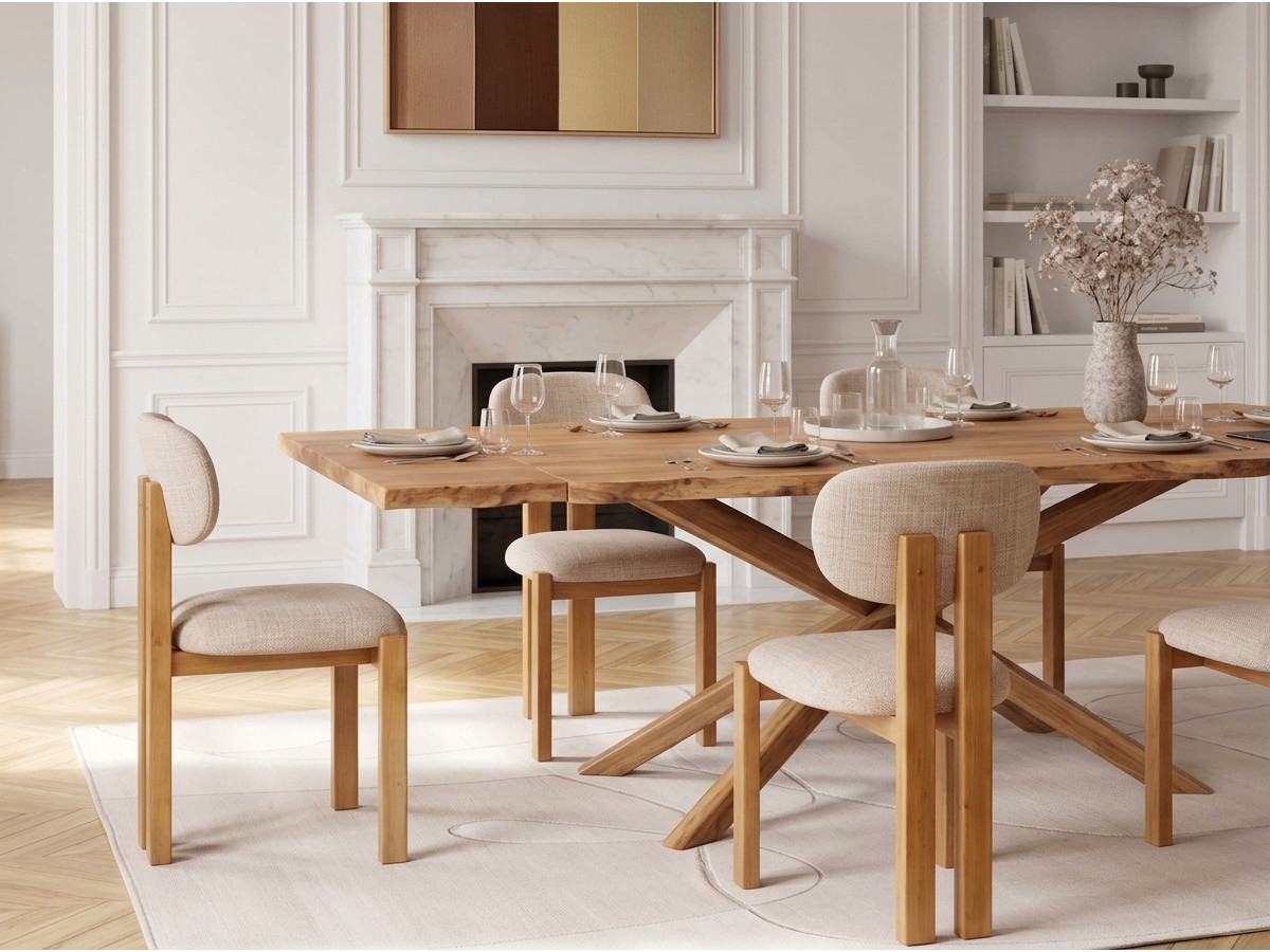 Uittrekbare eettafel in massief natuureik MARIE + sets van VALENTINE stoelen