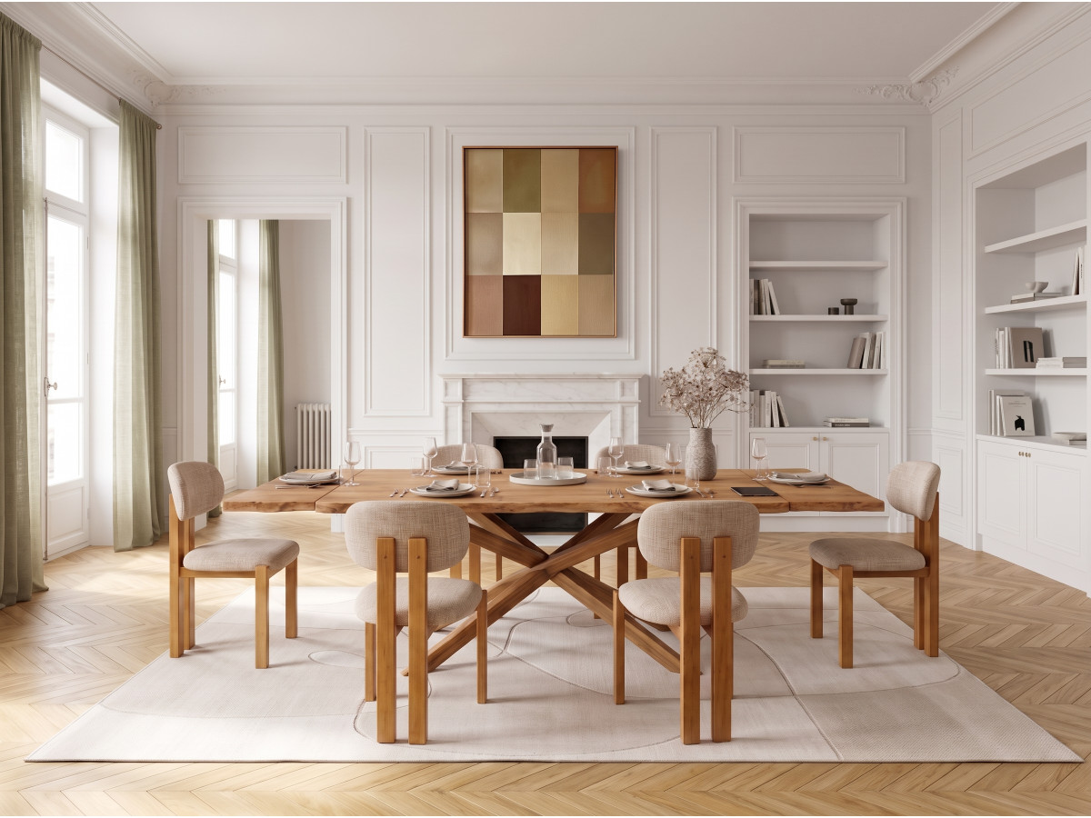 Uittrekbare eettafel in massief natuureik MARIE + sets van VALENTINE stoelen