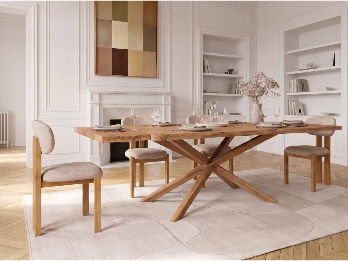Uittrekbare eettafel in massief natuureik MARIE + sets van VALENTINE stoelen