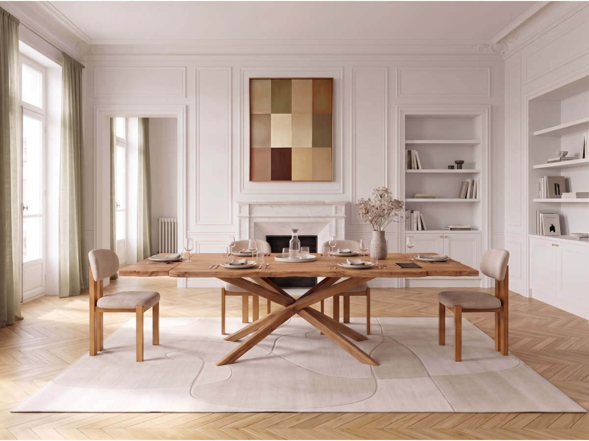 Uittrekbare eettafel in massief natuureik MARIE + sets van VALENTINE stoelen