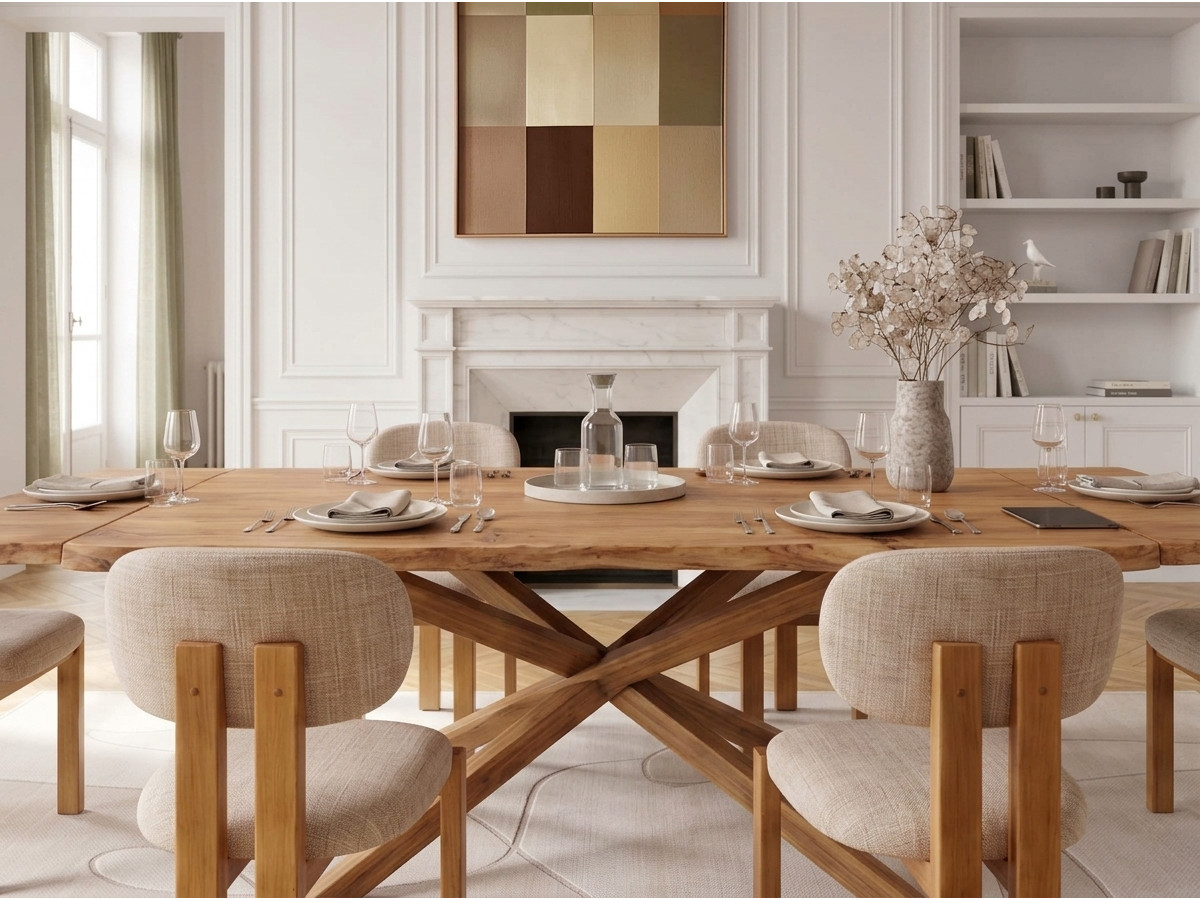 Uittrekbare eettafel in massief natuureik MARIE + sets van VALENTINE stoelen
