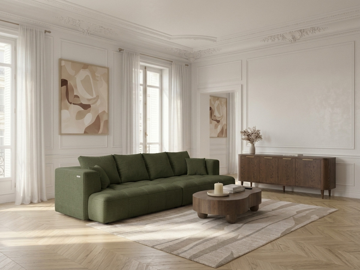 Prosta sofa z podwójną funkcją spania i elektryczną regulacją głębokości CLOVIS, obita gładką tkaniną