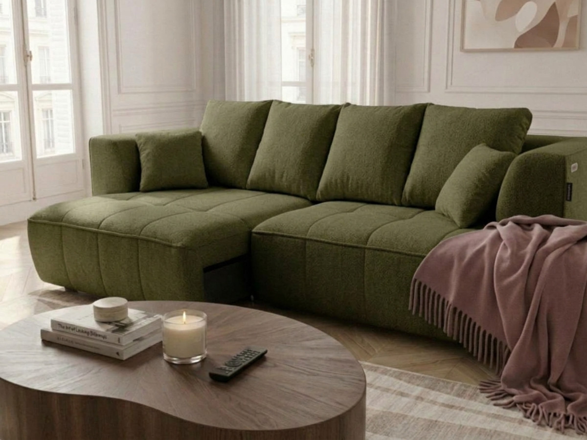 Prosta sofa z podwójną funkcją spania i elektryczną regulacją głębokości CLOVIS, obita gładką tkaniną