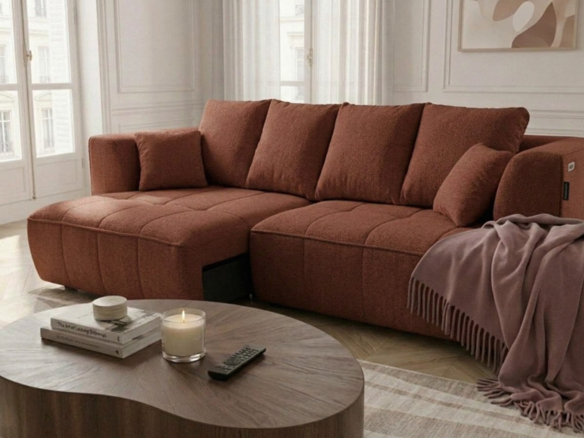 Prosta sofa z podwójną funkcją spania i elektryczną regulacją głębokości CLOVIS, obita gładką tkaniną