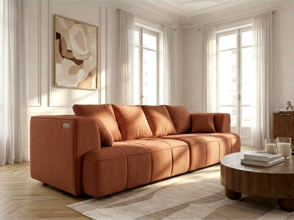Prosta sofa z podwójną funkcją spania i elektryczną regulacją głębokości CLOVIS, obita gładką tkaniną