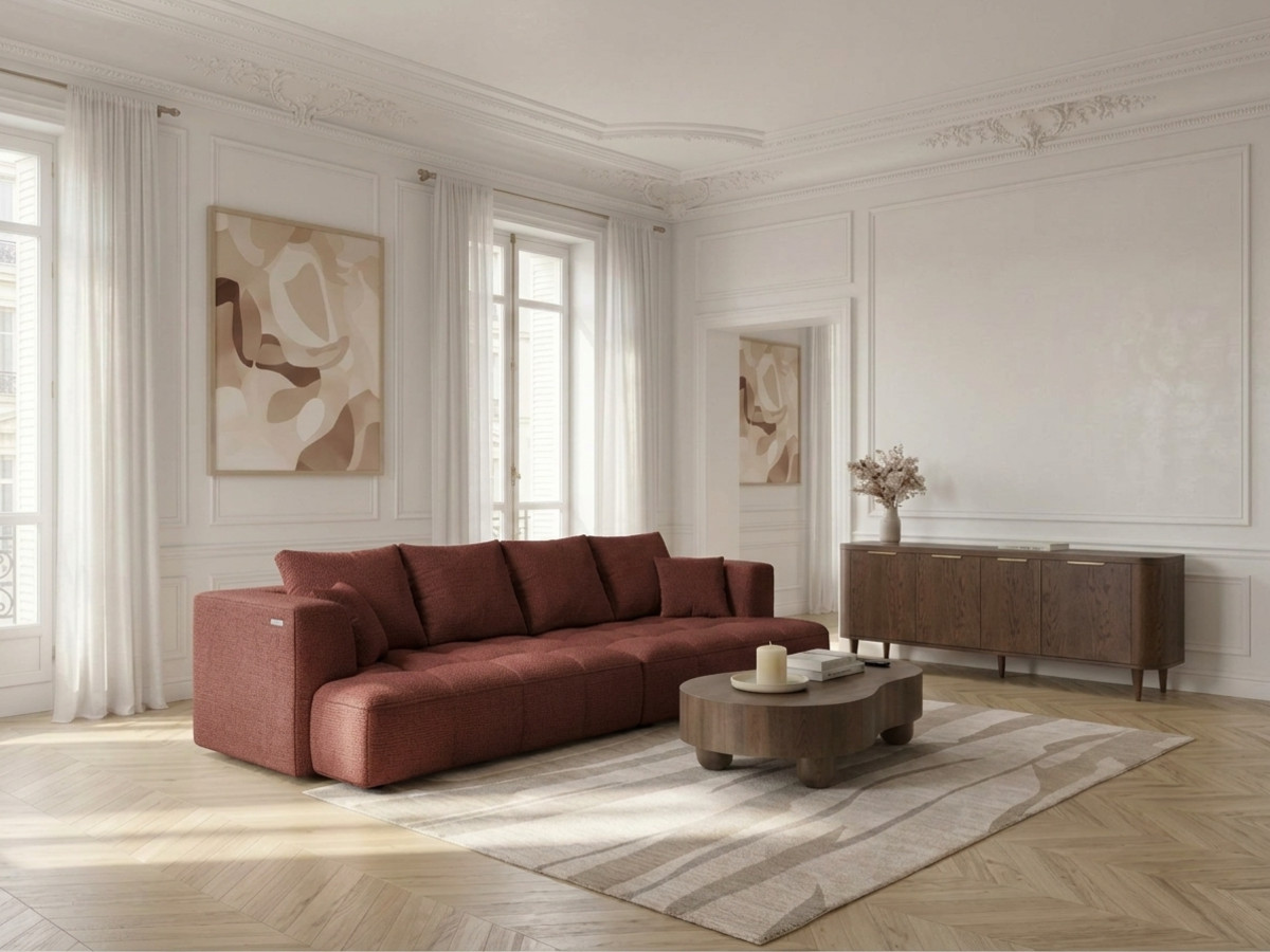 Canapé droit convertible double avance-recule électrique CLOVIS tissu lisse rouge   BOBOCHIC 3 places