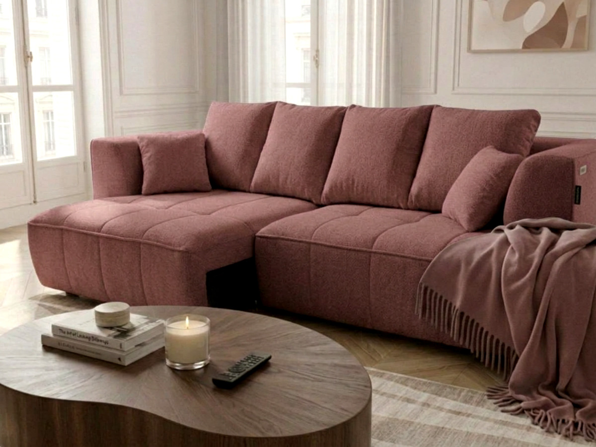 Prosta sofa z podwójną funkcją spania i elektryczną regulacją głębokości CLOVIS, obita gładką tkaniną