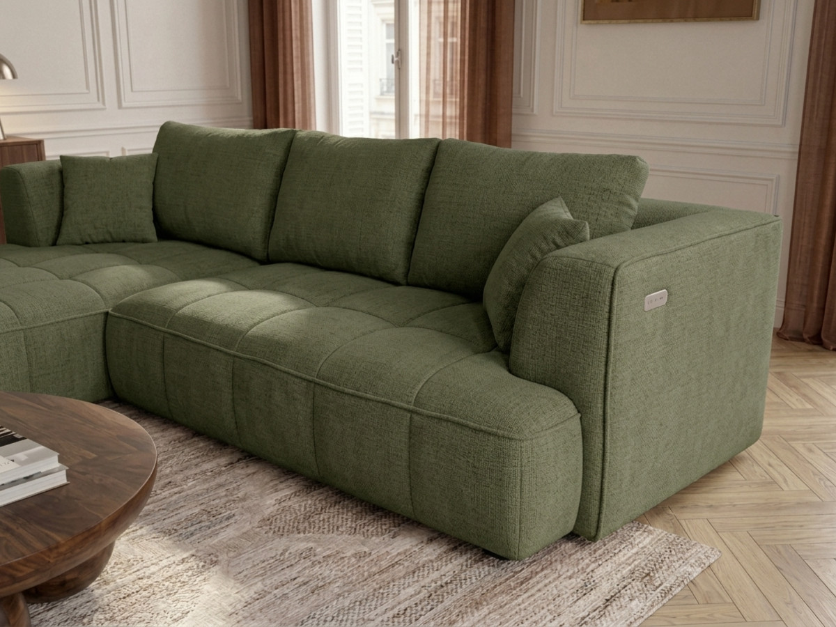 Sofa narożna z funkcją spania, elektrycznym wysuwaniem i wsuwaniem, CLOVIS, gładka tkanina