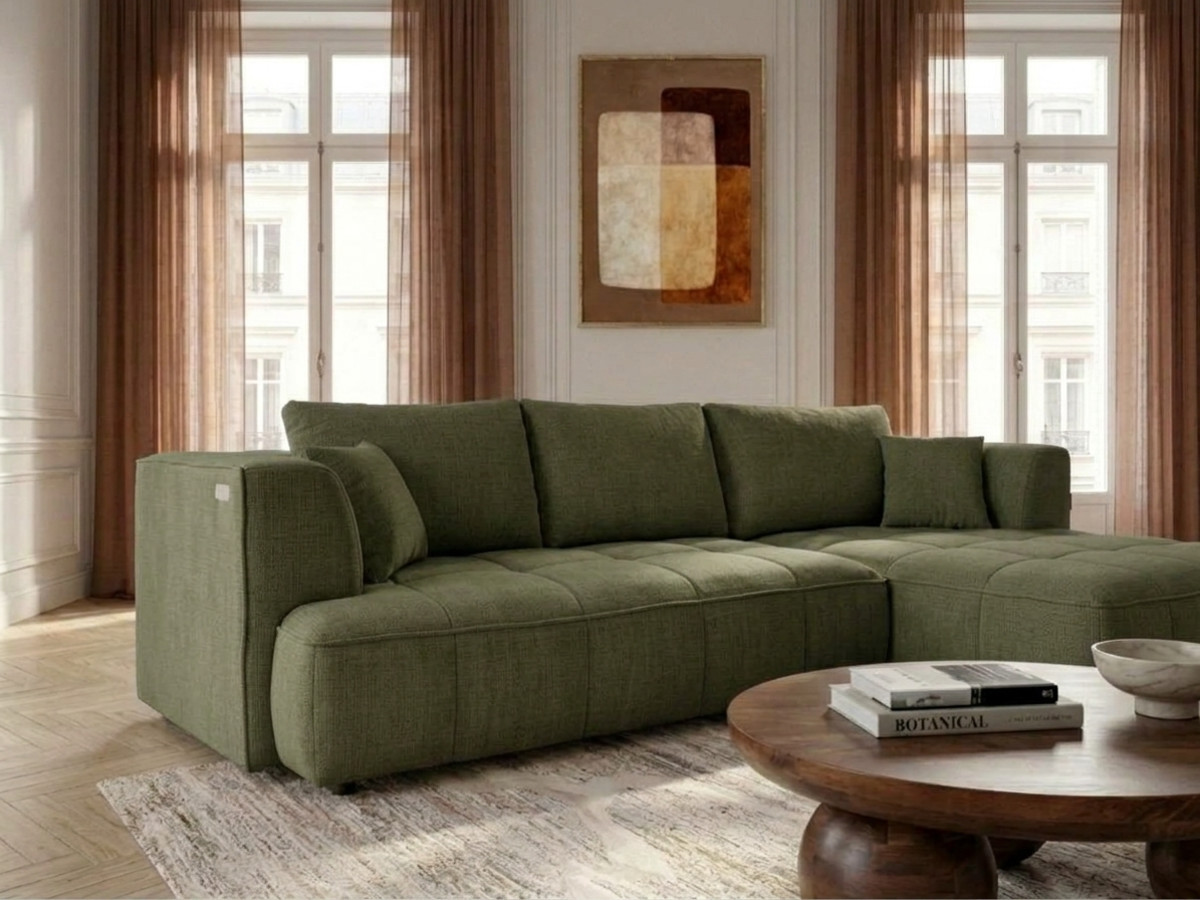 Sofa narożna z funkcją spania, elektrycznym wysuwaniem i wsuwaniem, CLOVIS, gładka tkanina