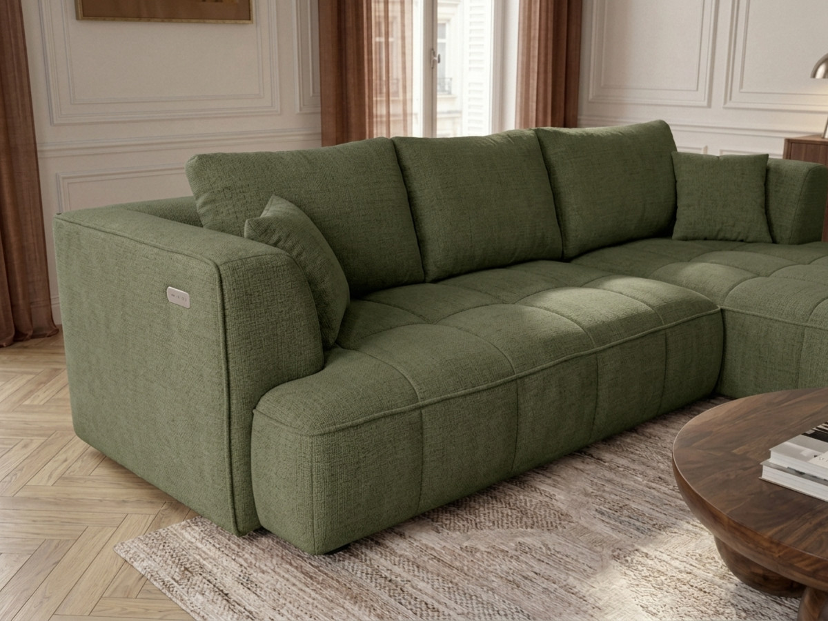 Sofa narożna z funkcją spania, elektrycznym wysuwaniem i wsuwaniem, CLOVIS, gładka tkanina