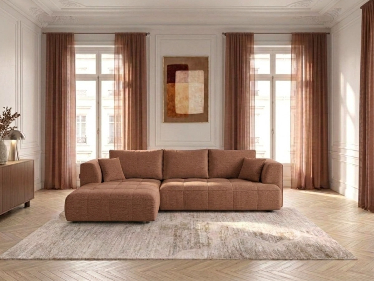 Canapé d'angle convertible avance-recule électrique CLOVIS tissu lisse orange  angle gauche BOBOCHIC 3 places