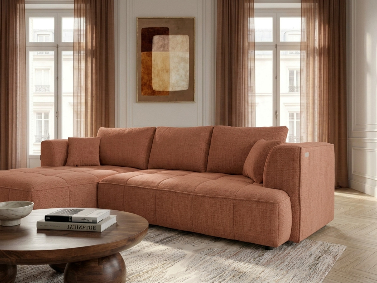 Sofa narożna z funkcją spania, elektrycznym wysuwaniem i wsuwaniem, CLOVIS, gładka tkanina