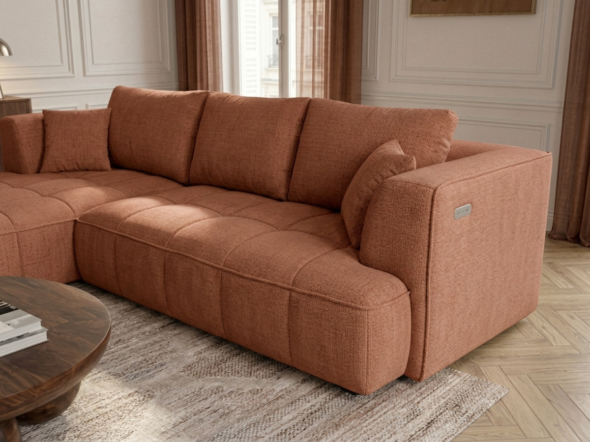 Sofa narożna z funkcją spania, elektrycznym wysuwaniem i wsuwaniem, CLOVIS, gładka tkanina
