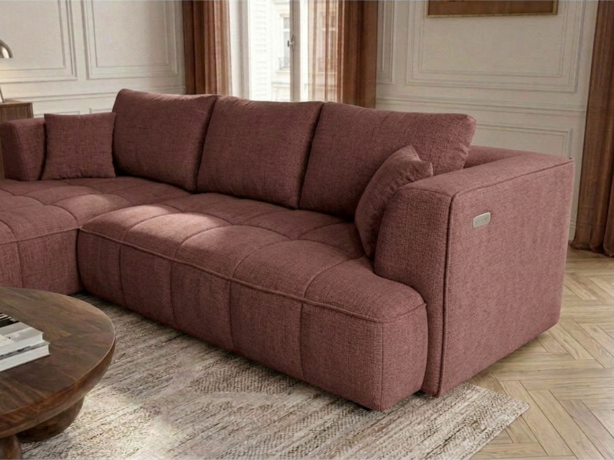 Sofa narożna z funkcją spania, elektrycznym wysuwaniem i wsuwaniem, CLOVIS, gładka tkanina