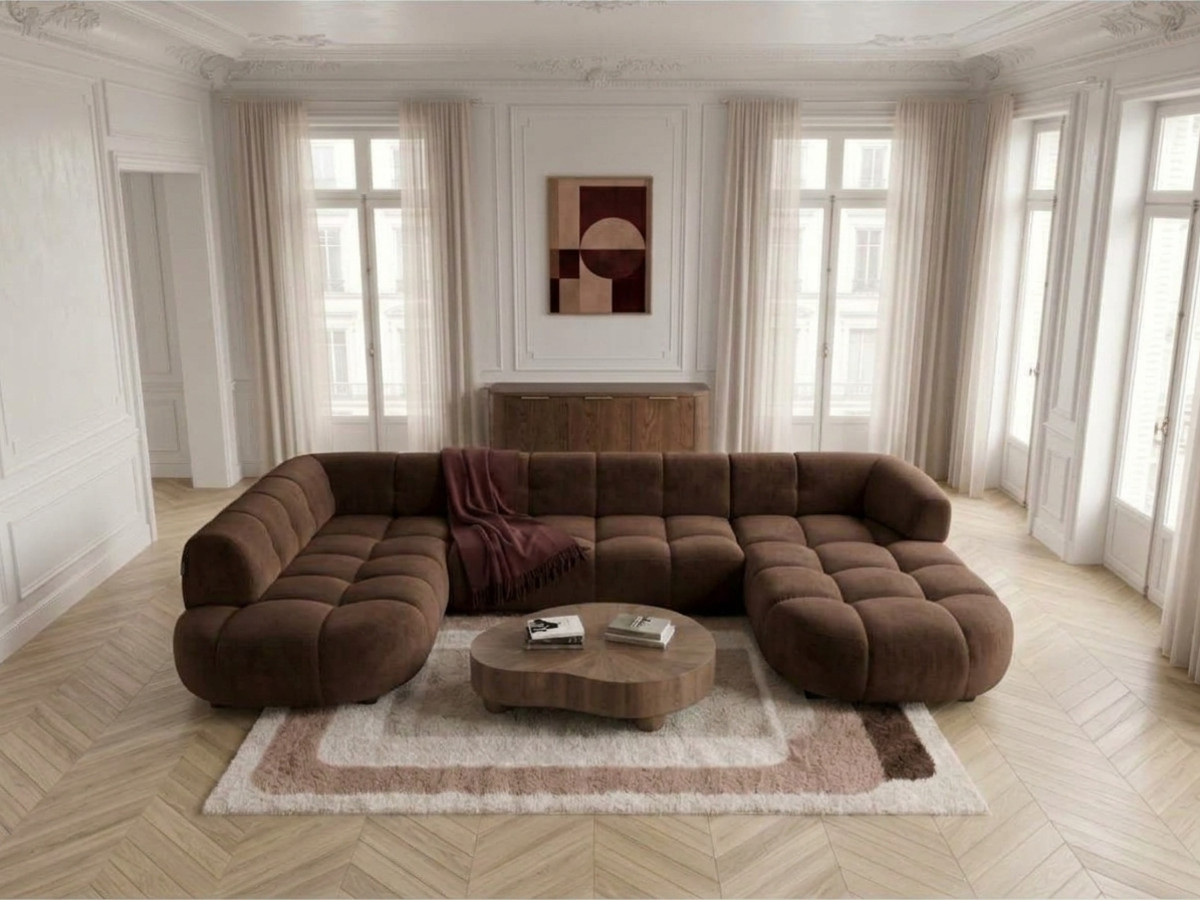 Sofa panoramiczna z elektrycznym wysuwaniem i wsuwaniem, LOVELY, tkanina szenilowa