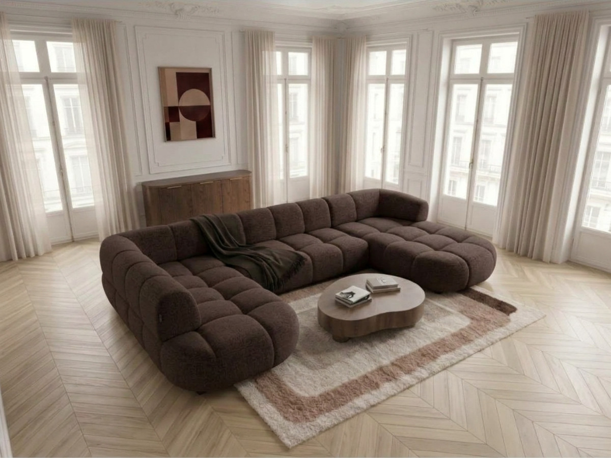 Sofa panoramiczna z elektrycznym wysuwaniem i wsuwaniem, LOVELY, tkanina szenilowa