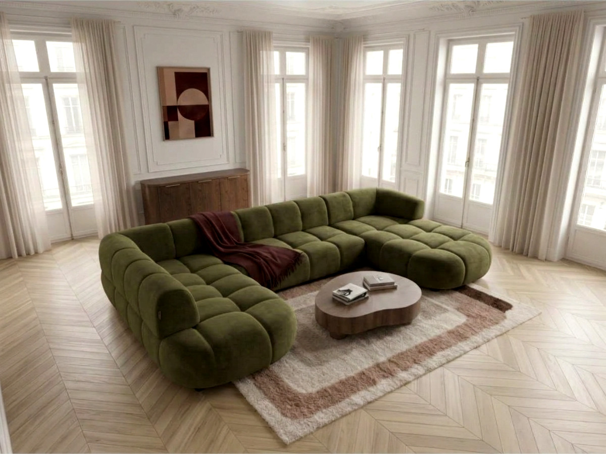 Sofa panoramiczna z elektrycznym wysuwaniem i wsuwaniem, LOVELY, tkanina szenilowa