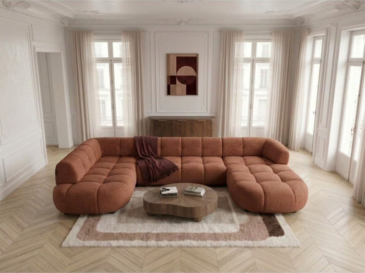 Sofa panoramiczna z elektrycznym wysuwaniem i wsuwaniem, LOVELY, tkanina szenilowa
