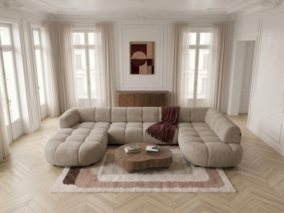 Sofa panoramiczna z elektrycznym wysuwaniem i wsuwaniem, LOVELY, tkanina szenilowa
