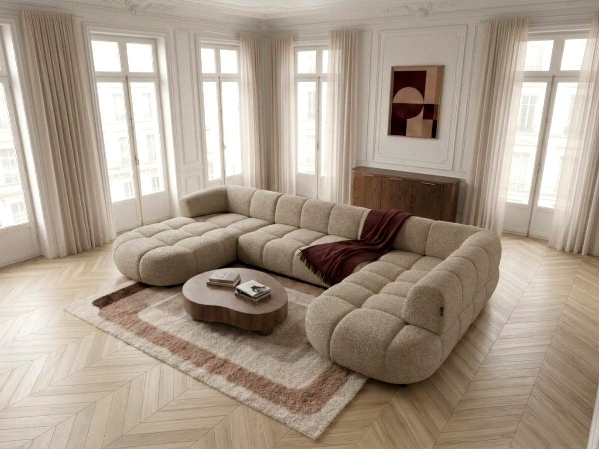 Sofa panoramiczna z elektrycznym wysuwaniem i wsuwaniem, LOVELY, tkanina szenilowa