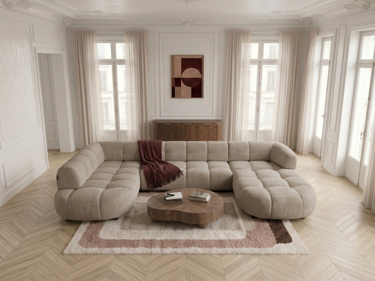 Sofa panoramiczna z elektrycznym wysuwaniem i wsuwaniem, LOVELY, tkanina szenilowa