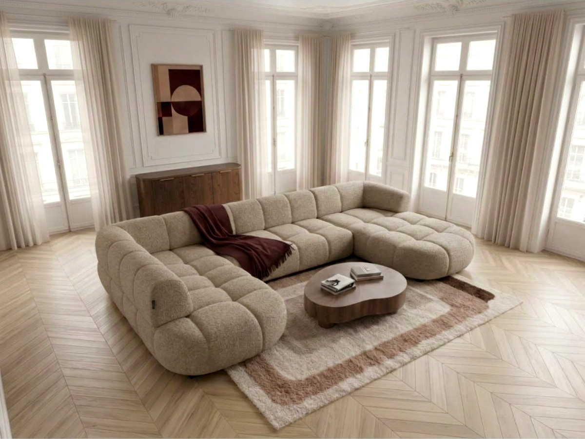 Sofa panoramiczna z elektrycznym wysuwaniem i wsuwaniem, LOVELY, tkanina szenilowa