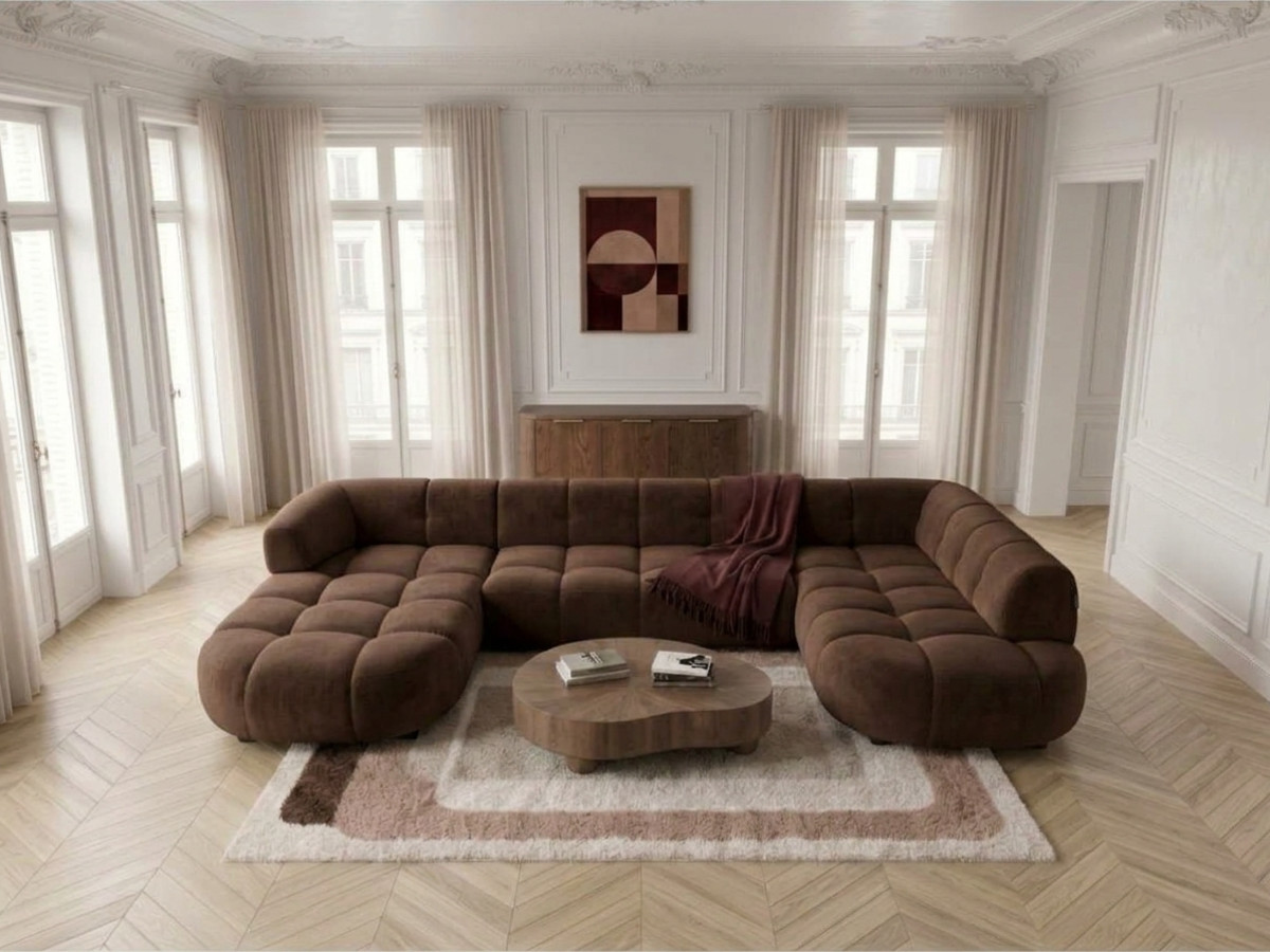 Sofa panoramiczna z elektrycznym wysuwaniem i wsuwaniem, LOVELY, tkanina szenilowa