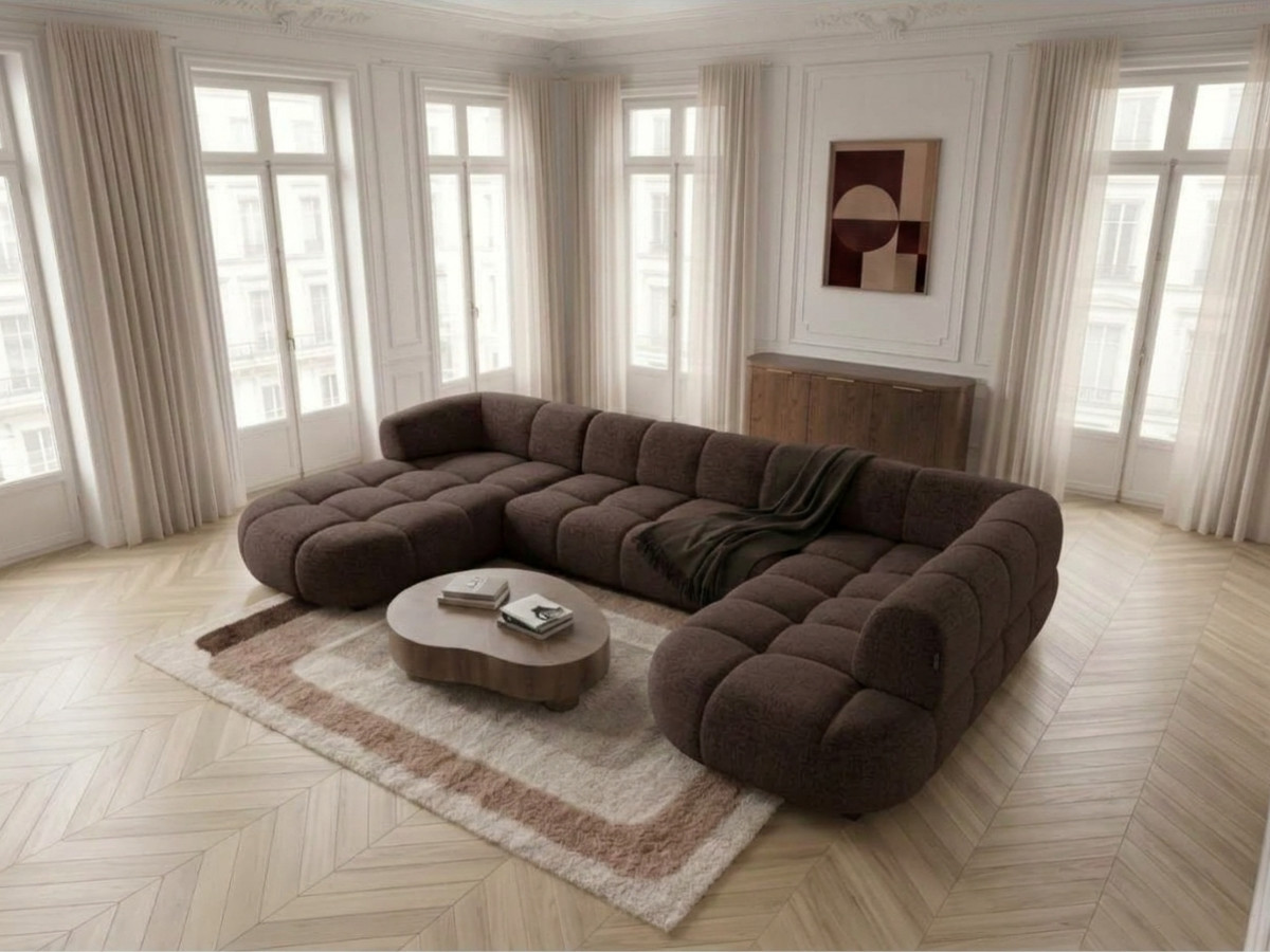 Sofa panoramiczna z elektrycznym wysuwaniem i wsuwaniem, LOVELY, tkanina szenilowa