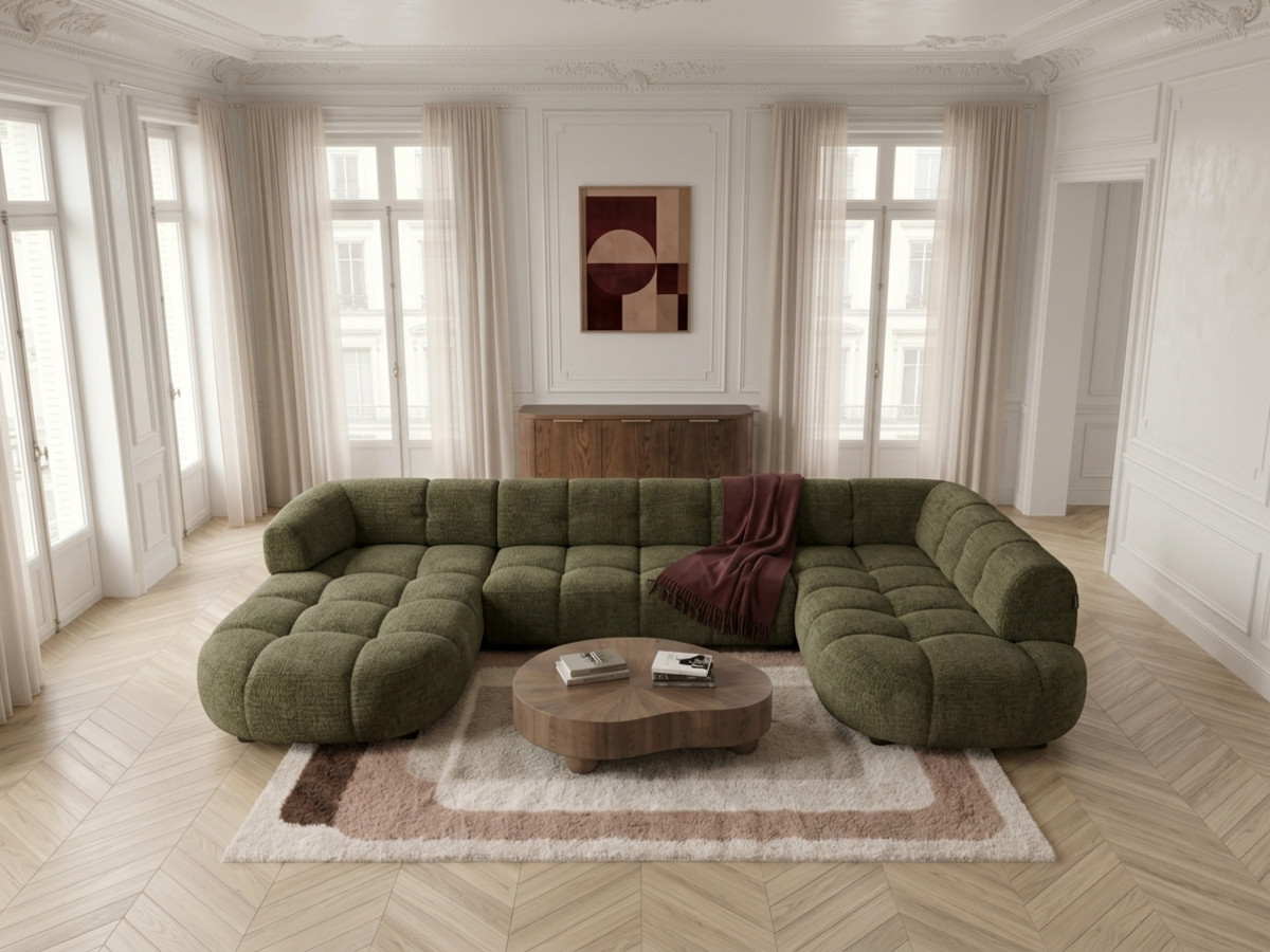 Sofa panoramiczna z elektrycznym wysuwaniem i wsuwaniem, LOVELY, tkanina szenilowa