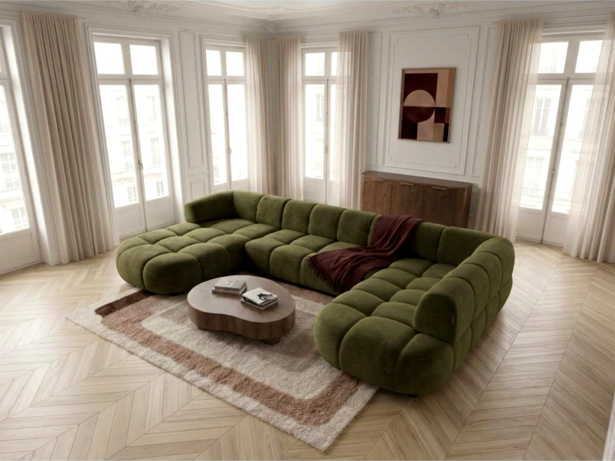 Sofa panoramiczna z elektrycznym wysuwaniem i wsuwaniem, LOVELY, tkanina szenilowa