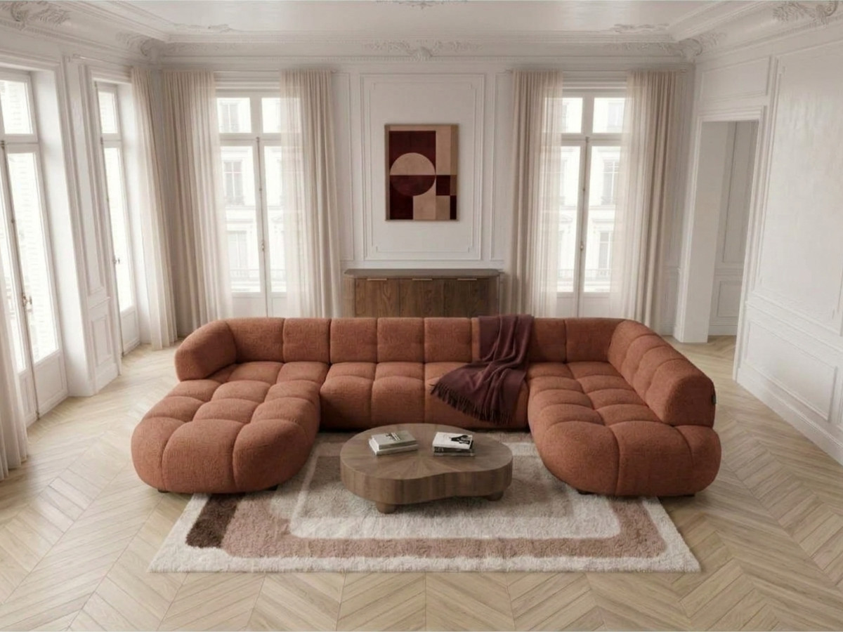 Sofa panoramiczna z elektrycznym wysuwaniem i wsuwaniem, LOVELY, tkanina szenilowa