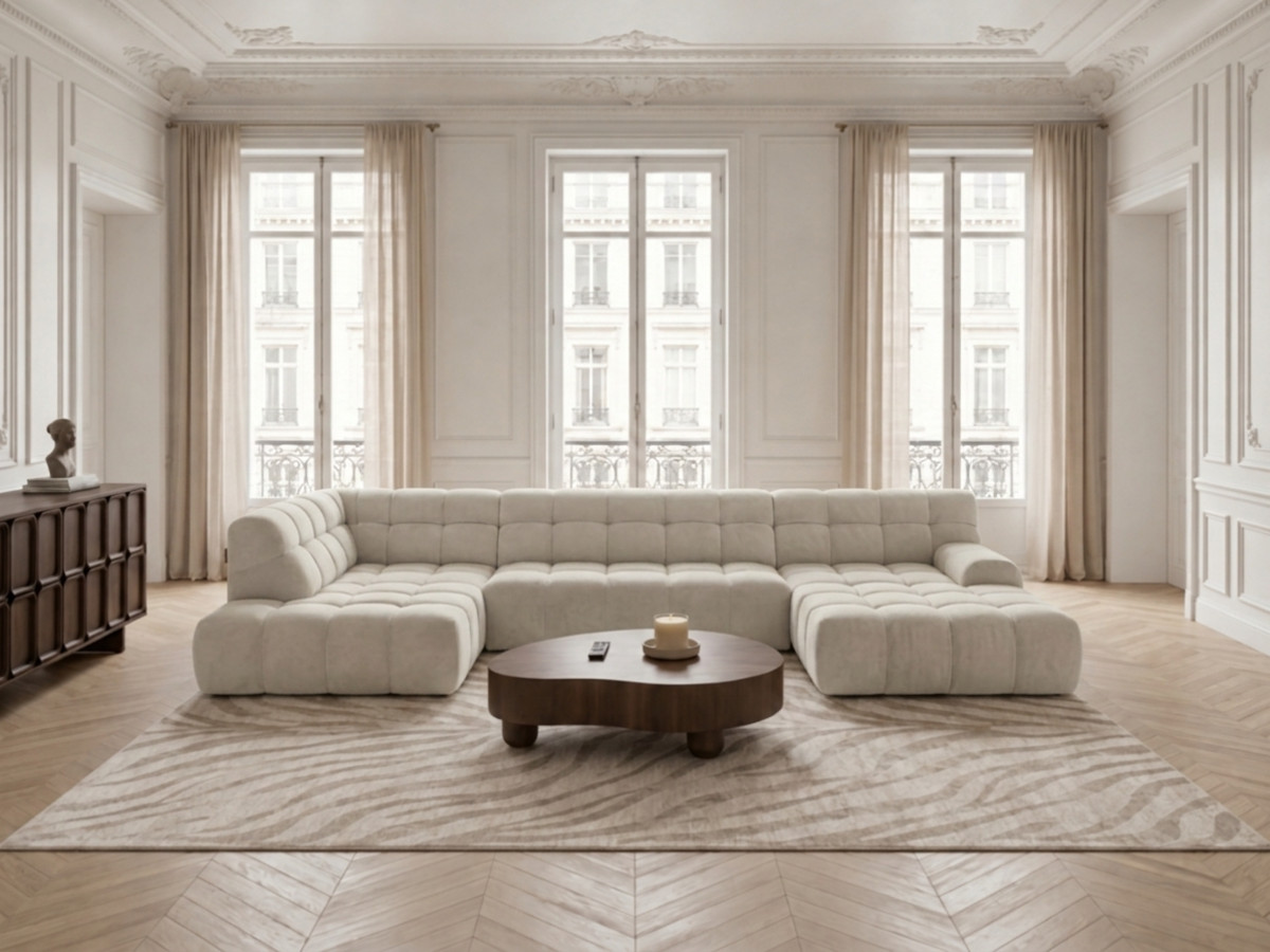 Canapé panoramique avance-recule électrique ANDRE tissu texturé blanc angle gauche BOBOCHIC 4 places Canapé panoramique avance-recule électrique ANDRE tissu texturé blanc angle gauche BOBOCHIC 4 places