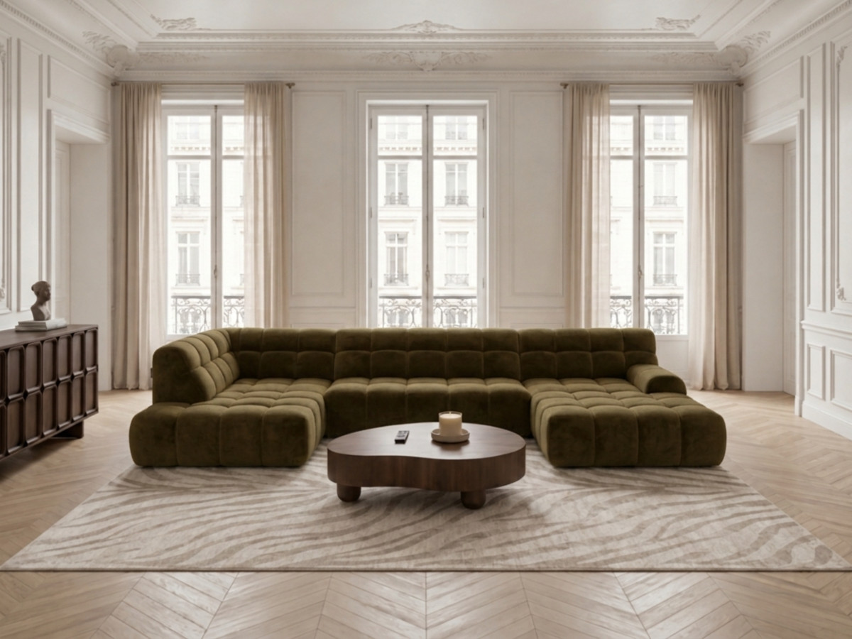 Canapé panoramique avance-recule électrique ANDRE tissu texturé vert angle gauche BOBOCHIC 4 places Canapé panoramique avance-recule électrique ANDRE tissu texturé vert angle gauche BOBOCHIC 4 places