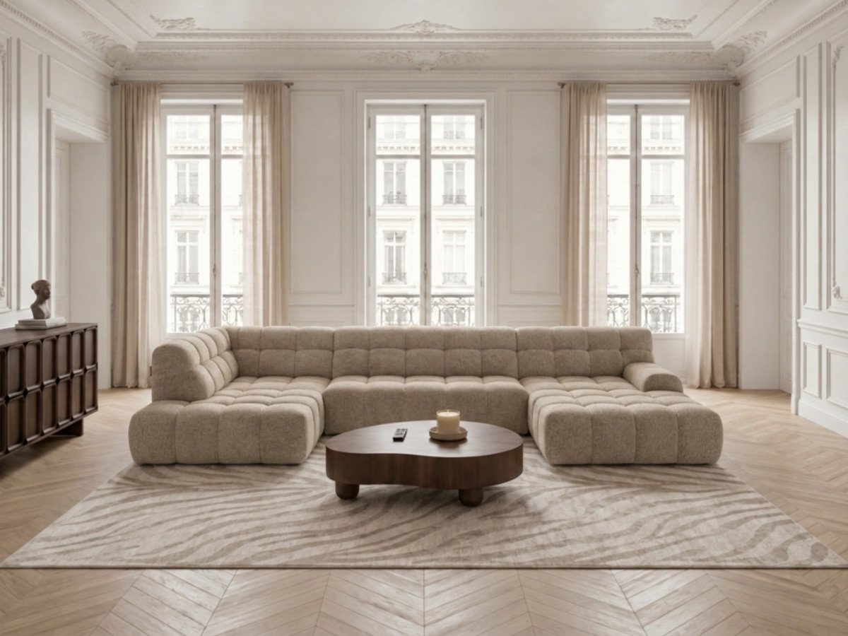 Canapé panoramique avance-recule électrique ANDRE tissu texturé beige angle gauche BOBOCHIC 4 places Canapé panoramique avance-recule électrique ANDRE tissu texturé beige angle gauche BOBOCHIC 4 places