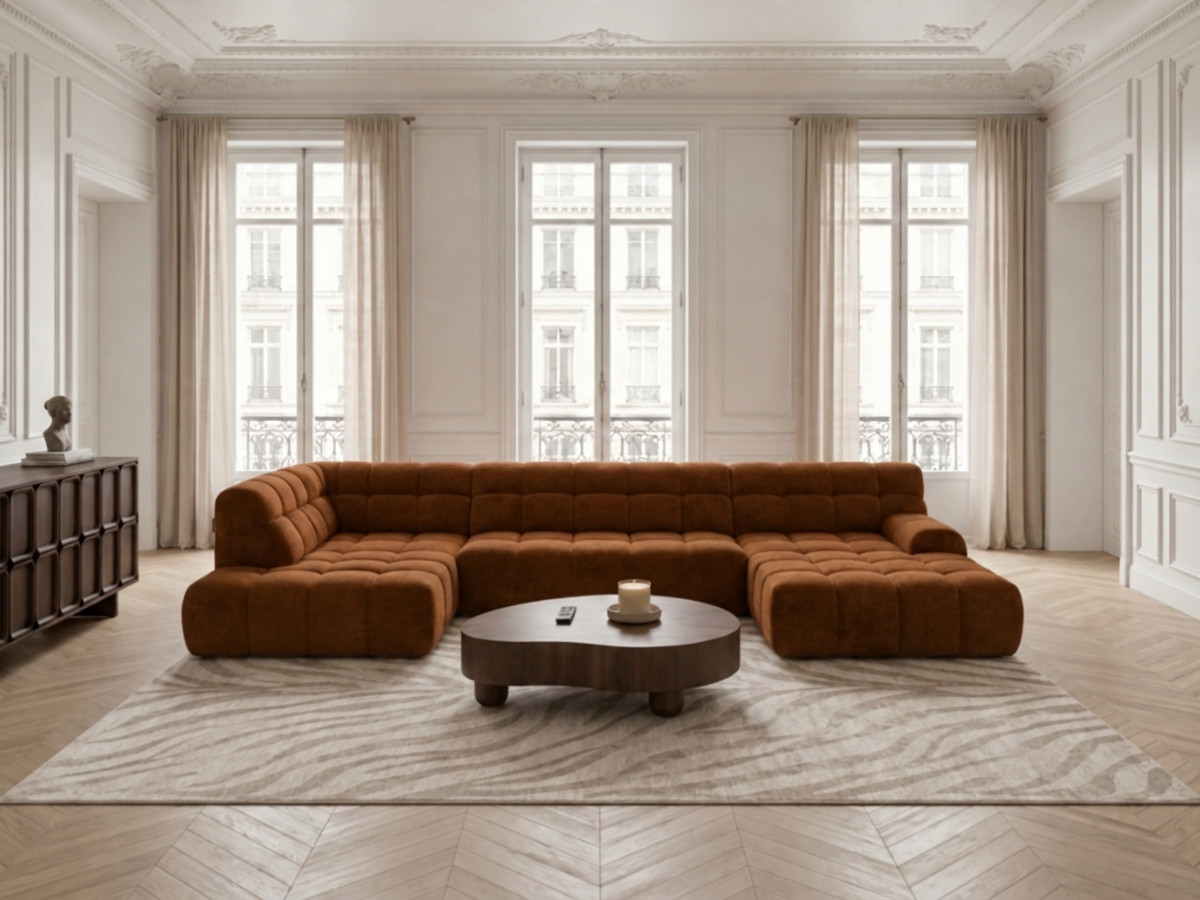 Canapé panoramique avance-recule électrique ANDRE tissu texturé orange angle gauche BOBOCHIC 4 places Canapé panoramique avance-recule électrique ANDRE tissu texturé orange angle gauche BOBOCHIC 4 places